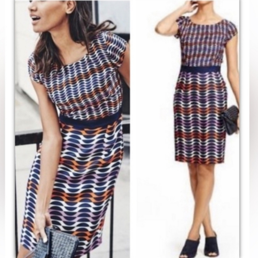 BODEN WH784 Kensington Dress Silk Blend Cap Sleeve Brown Blue Size 6R US Small